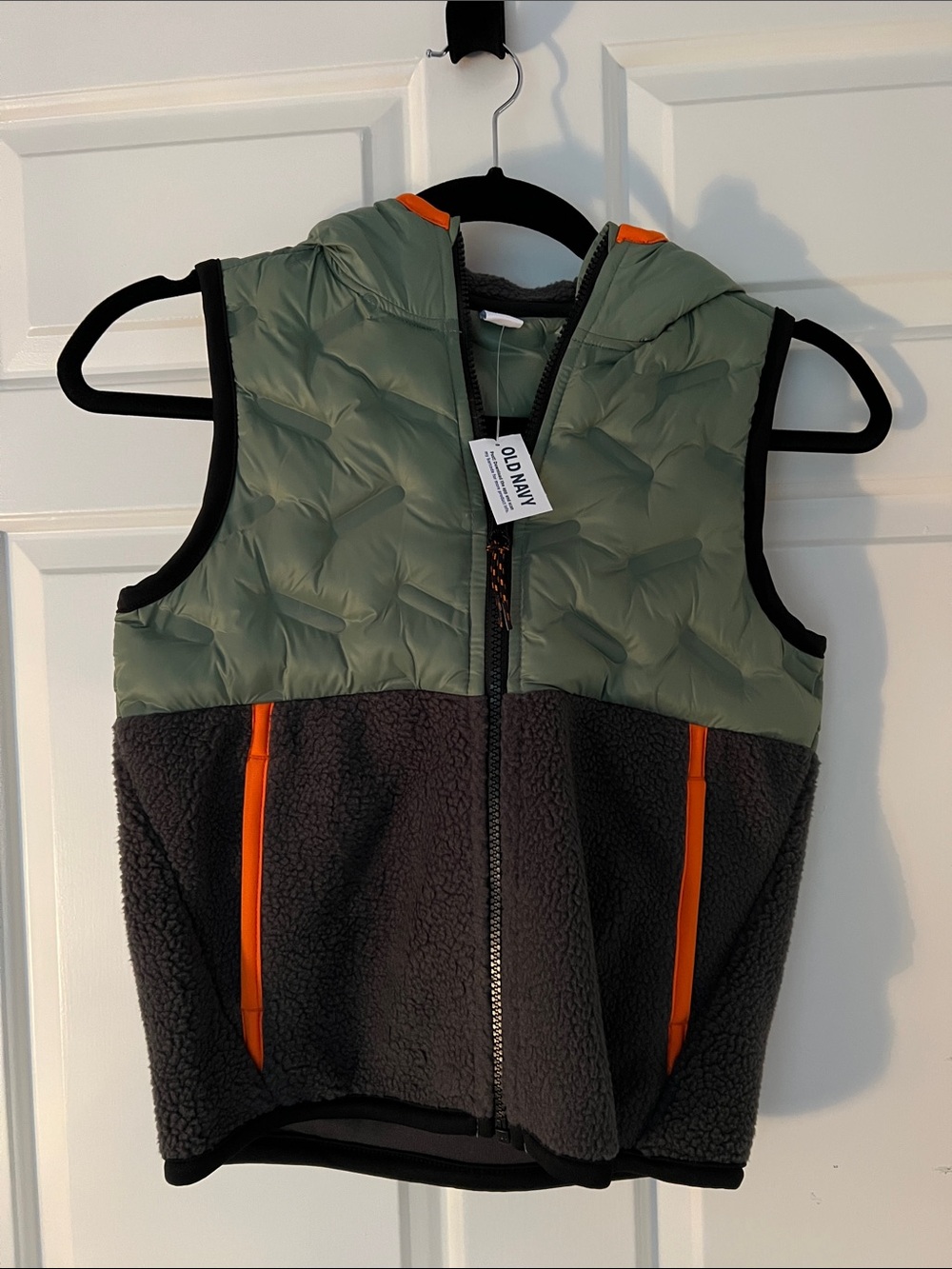 Old Navy Olive Green and Charcoal Hooded Sherpa Vest with Orange Trim